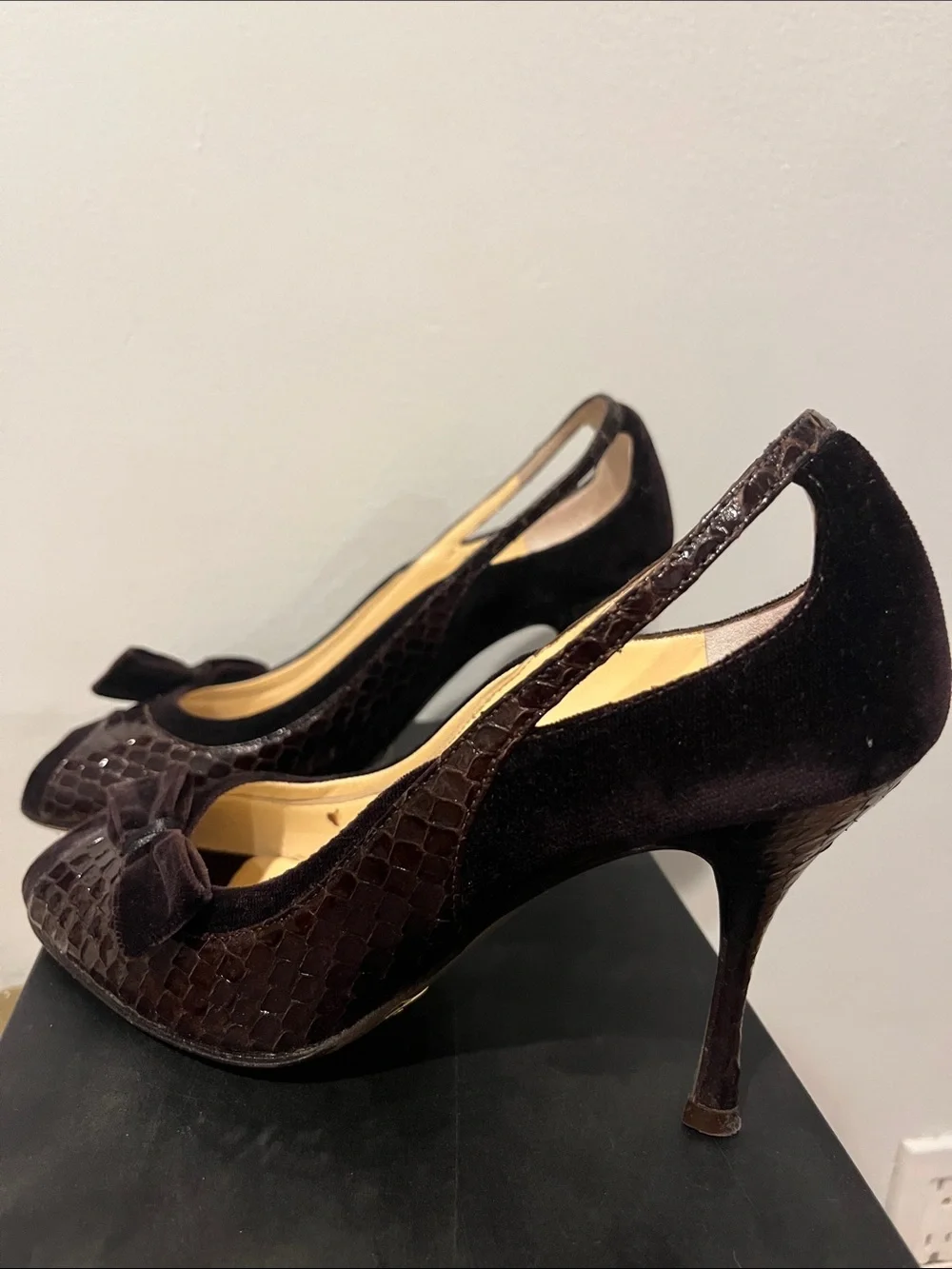 Dolce & Gabbana Dark Brown Peep-Toe Slingback Heels with Velvet Bow